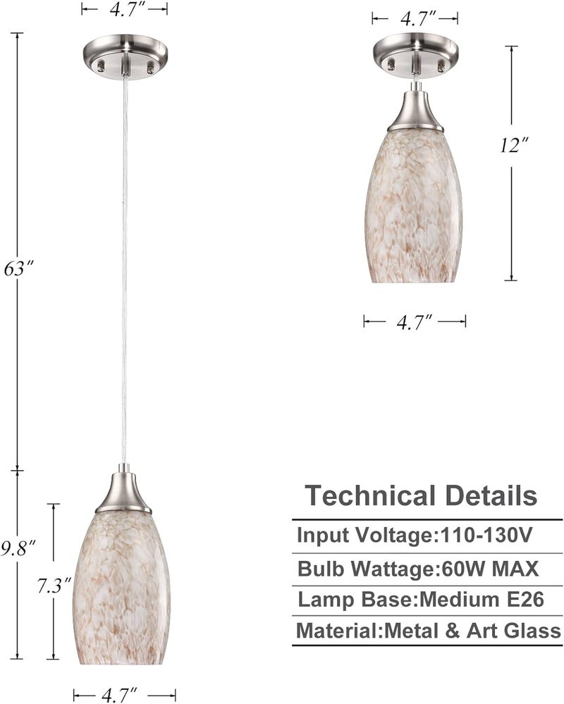 karyfine Mini Milk Glass Pendant Light,Handcrafted Beige Glass Pendant Hanging Light fixtures Small Pendant Light with Brushed Nickel Adjustable Cord for Kitchen Island,Bed Room,Hallway,Dining Room,Stairs - Image 2